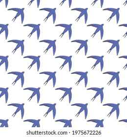 Seamless pattern of swallows on a white background. Birds fly in different angles. Vector, illustration