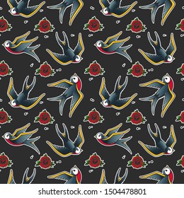 Seamless pattern with swallows and roses in old school tattoo style. For poster, card, banner, flyer. Vector illustration