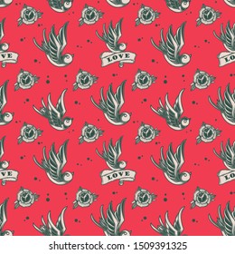 Seamless pattern with swallows and roses in old school tattoo style. For poster, card, banner, flyer. Vector illustration