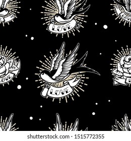 Seamless pattern with swallows and roses in old school tattoo style. For poster, card, banner, flyer. Vector illustration