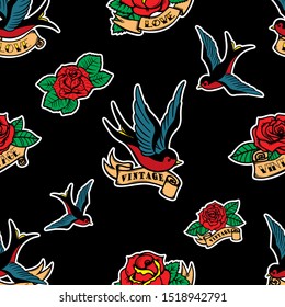 Seamless pattern with swallows and roses in old school tattoo style. For poster, card, banner, flyer. Vector illustration