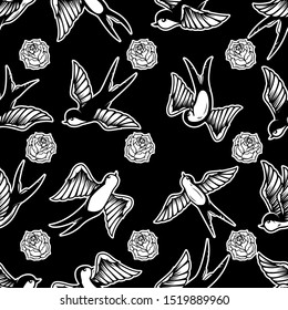 Seamless pattern with swallows and roses in old school tattoo style. For poster, card, banner, flyer. Vector illustration