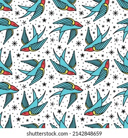 seamless pattern with swallows in the style of an old-school tattoo. Vector illustration