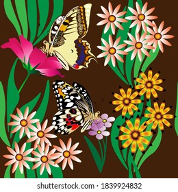 Patrón sin foco, mariposa de cola tragada sobre hermosas flores.