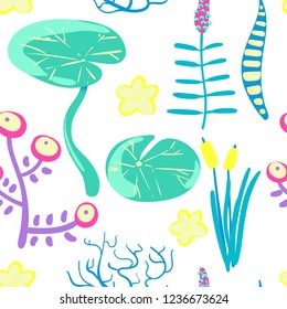 Seamless pattern of swamp flowers, water lily and leaves. Floral composition. Hand drawn vector illustration.