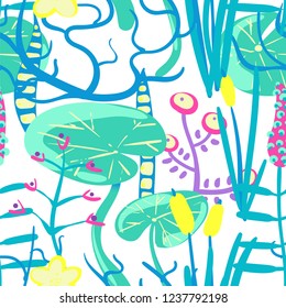 Seamless pattern of swamp flowers, water lily and leaves. Floral composition. Hand drawn vector illustration.