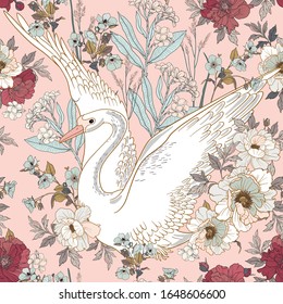 Seamless pattern with swan and blooming flowers for surface design. A graceful swan spread its wings against the background of flowers - peonies and oleander
