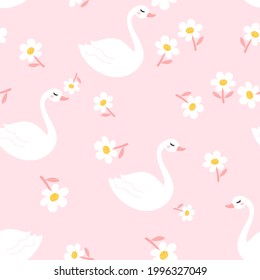 Seamless pattern with swan cartoons and daisy flower on pink background vector illustration.