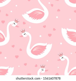 Seamless pattern with swan, crown and heart on pink background vector illustration. flat design for kid wear fashion.