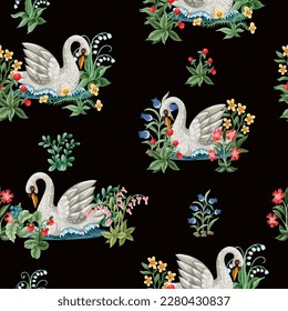 Seamless pattern with swan and flowers in Middle Ages gobelen style. Vector