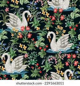 Seamless pattern with swan and flowers in Middle Ages gobelen style. Vector
