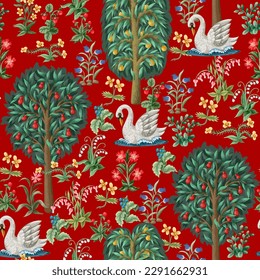 Seamless pattern with swan, trees and flowers in Middle Ages gobelen style. Vector