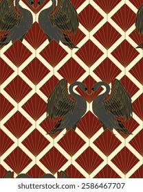 Seamless pattern with swans and art deco elements. Vector
