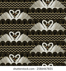 Seamless pattern with swans and art deco elements. Vector