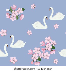 Seamless pattern with swans and a blooming apple on a blue background. For decoration of textiles, packaging and web design. Vector illustration.
