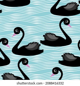 Seamless pattern with swans. Cartoon vector illustration. Black swans float on the water. Perfect for design templates, wallpaper, wrapping, fabric and textile.