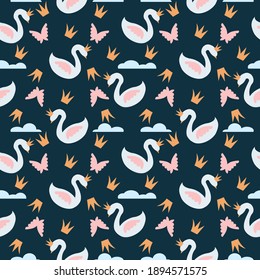 A seamless pattern with swans in a flat style for children’s apparel, stationery, accessories, textiles. Vector Illustration. 