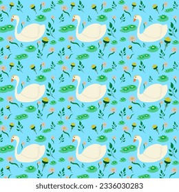 seamless pattern with swans and flowers illustration on lite blue background.