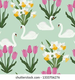 Seamless pattern with swans and flowers on a green background. For decoration of textiles, packaging and web design. Vector illustration.