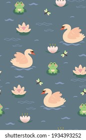 Seamless pattern with swans and frogs on the lake. Vector graphics.
