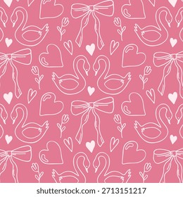 Patrón sin fisuras con cisnes, corazones, flores y lazos. Concepto de amor de San Valentín. Fondo romántico para una invitación de boda o tarjeta de felicitación. Vector.