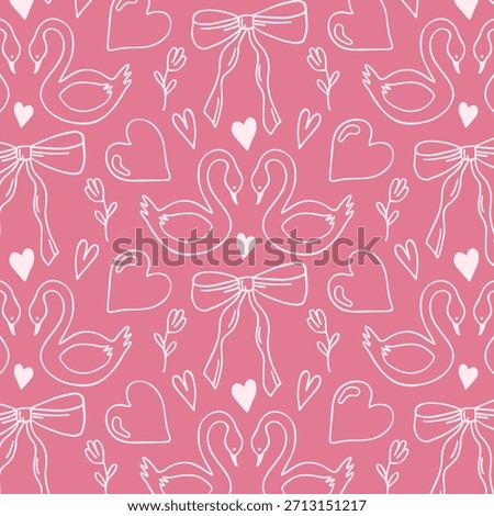 Seamless pattern with swans, hearts, flowers, and bows. Valentine's Day love concept. Romantic background for a wedding invitation or greeting card. Vector.