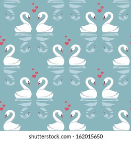 Seamless pattern with swans and hearts on blue background in vector