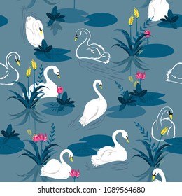 Seamless pattern of swans in the lake. Vector illustration.For fashion fabric and all prints on blue background.