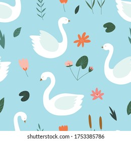 Seamless pattern with swans on a blue background. Vector illustration. White cute swans on the pond surface.For textiles, fabric, wrapping paper, bed linen
