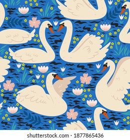Seamless pattern with swans on the pond. Vector graphics.