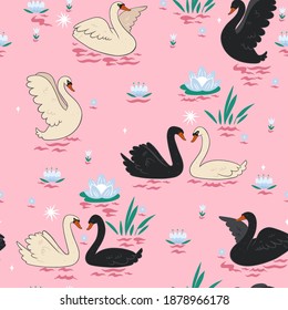 Seamless pattern with swans on the pond. Vector graphics.