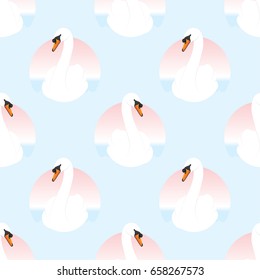 Seamless pattern with swans on the sea. Vector illustration for fabric, cards, invitations, wrapping paper, stationery and web backgrounds.