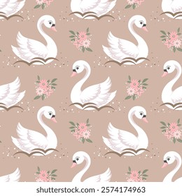 Seamless pattern with swans and pink flowers on beige background. Cute background for decorating