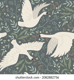 Seamless pattern with swans and plants. Vector graphics.