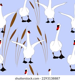 Seamless pattern swans and reeds on a lilac background