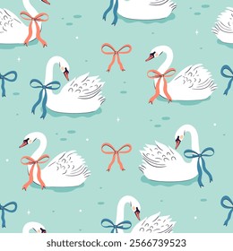 Seamless pattern with swans with ribbon bows on their necks. Vector graphics.