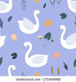 Seamless pattern with swans. Vector illustration. Cute white swans with water lilies and flowers. For textiles, fabric, wrapping paper, bed linen