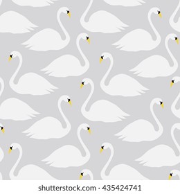 Seamless pattern with swans in white on gray background.
