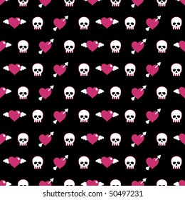 seamless pattern swatch with skulls and hearts