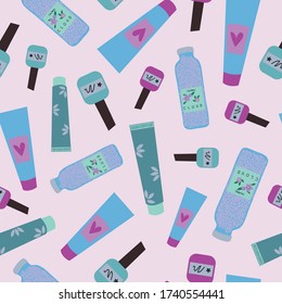 Seamless pattern swatch, vector design based on beauty products. 