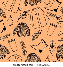 Seamless pattern with sweater, falling leaves, raincoat. Collection of fall season elements. isolated on white background. Autumn cozy concept. Line art