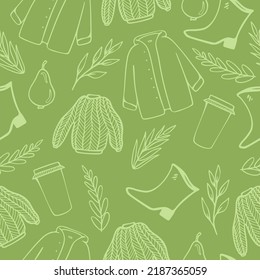 Seamless pattern with sweater, falling leaves, raincoat. Collection of fall season elements. isolated on white background. Autumn cozy concept. Line art
