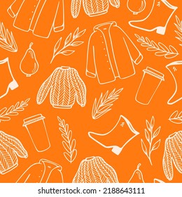 Seamless pattern with sweater, falling leaves, raincoat. Collection of fall season elements. isolated on white background. Autumn cozy concept. Line art