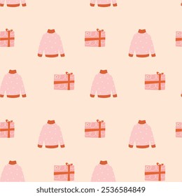 seamless pattern with a sweater and a gift. christmas pattern