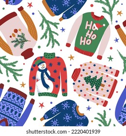 	
Seamless pattern with sweaters for ugly Christmas party. Warm knitted jumpers with different cute prints and ornaments. Vector design for textile, wrapping paper, greeting cards.