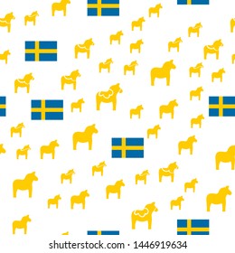 Seamless pattern with Swedish flag with Dala horse, simple design vector illustration