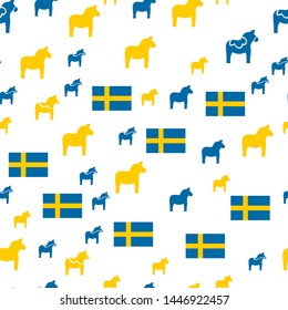Patrón sin fisuras con bandera sueca con caballo Dala, ilustración simple del vector de diseño