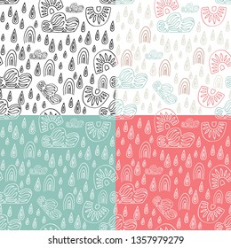 Seamless pattern swedish pattern set in sketch style. For print, textile, scandinavian nursery decor. Vector illustration