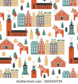 Seamless pattern, Swedish travel cartoon vector landmark, flat buildings, City Hall of Stockholm, Gamla Stan,  Bell Tower of Church, Kiruna, Dalarna horse, candle, tree isolated on white background