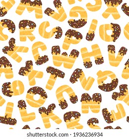 Seamless pattern with sweet ABC alphabet. Birthday cake with chocolate icing and sprinkles. Vector yellow honey sponge cake with cream, cut out English letters on a white background